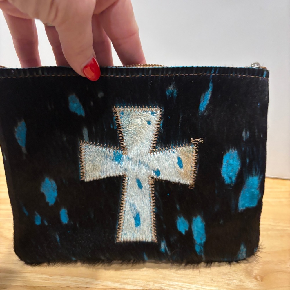 Western Cowhide Cross Clutch Bag Turquoise Black Acid Wash Hair on Hide Pouch